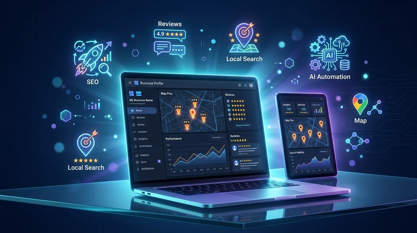 Google Business Profile dashboard with local SEO, reviews, and AI automation icons
